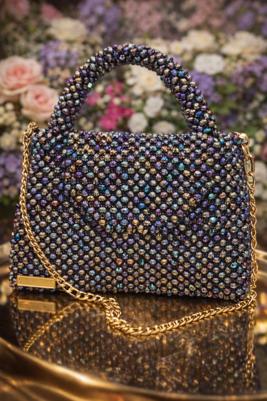 Iridescent beaded handbag with gold chain