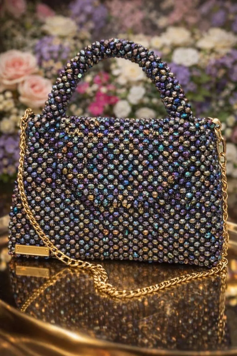 Iridescent beaded handbag with gold chain