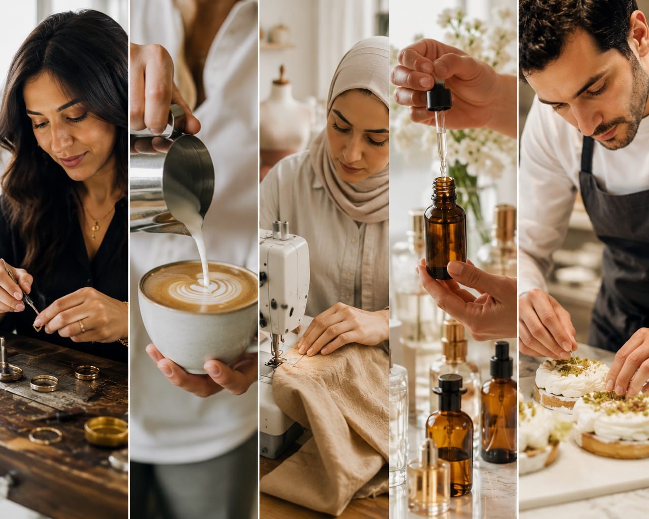 Arab American founders at work — a jeweler, a barista, a seamstress, a perfumer, a baker
