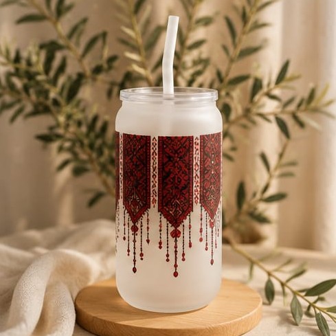 Frosted glass tumbler with red tatreez design