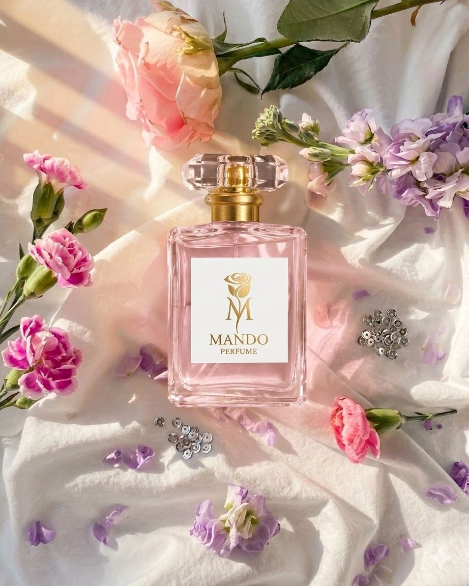 Mando perfume on white satin with flowers