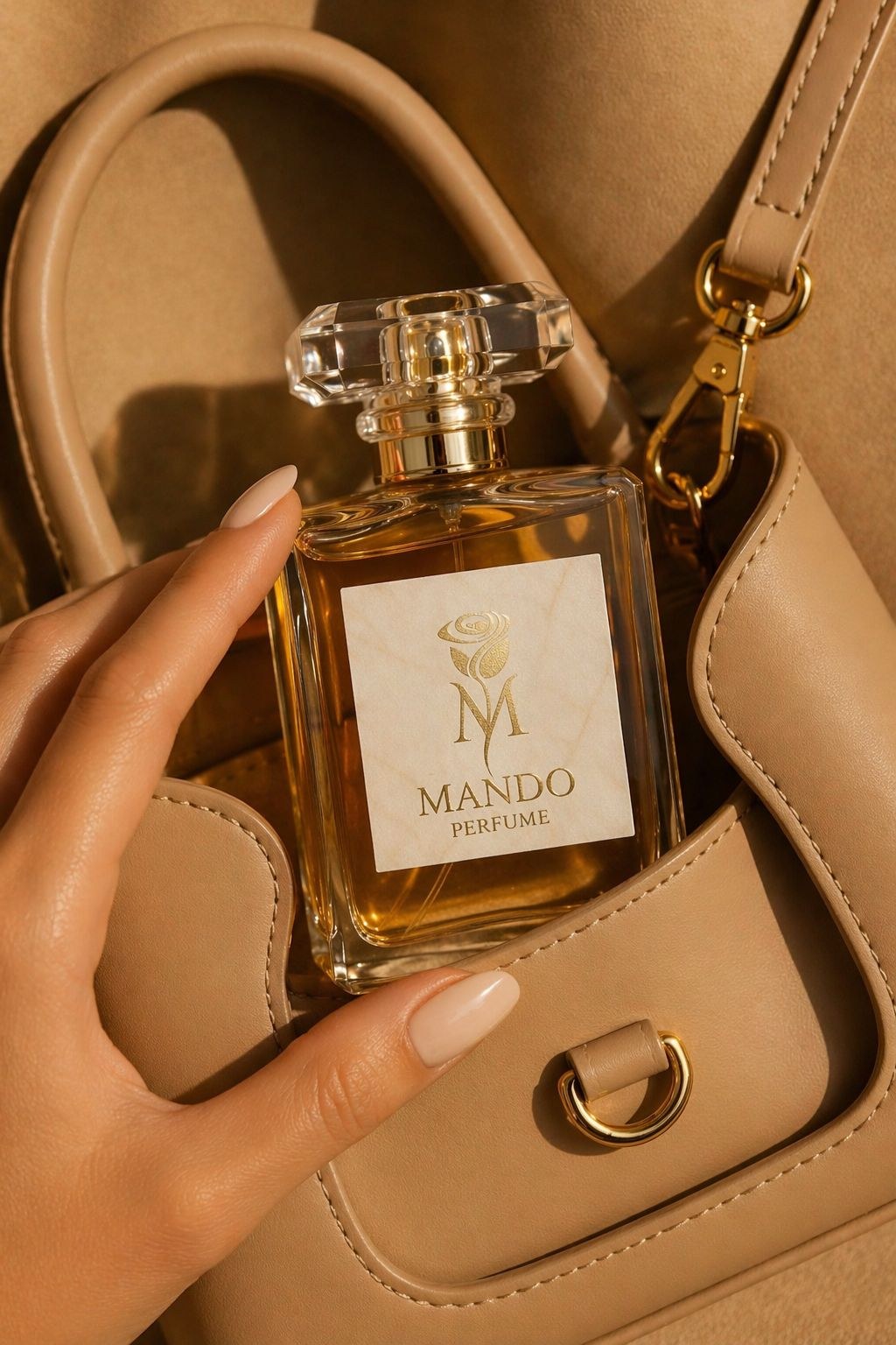 Mando perfume in leather handbag