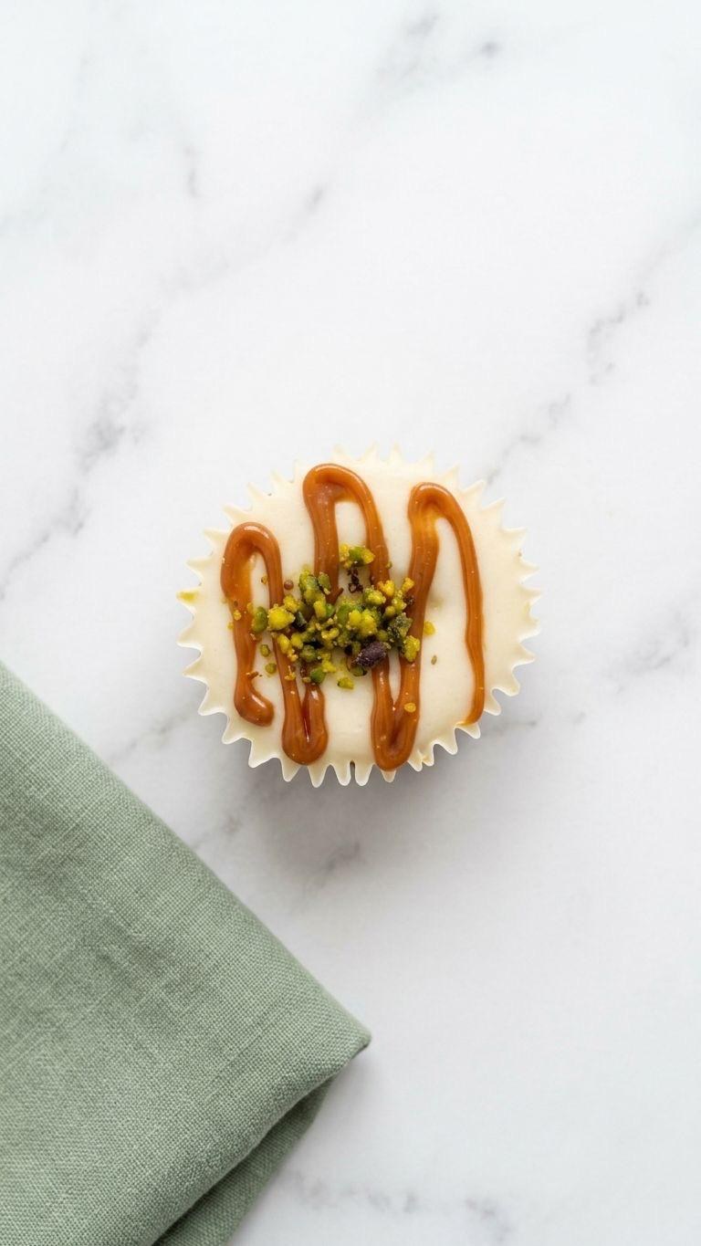 Mini cheesecake with caramel and pistachio