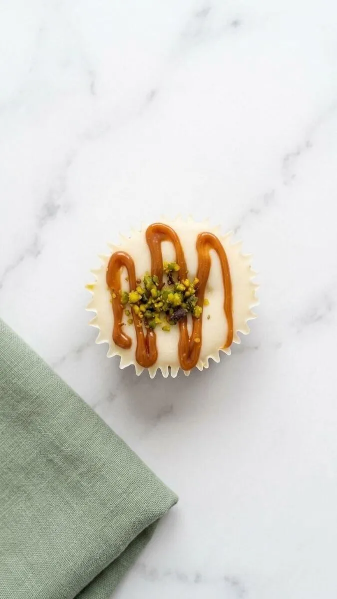 Mini cheesecake with caramel and pistachio