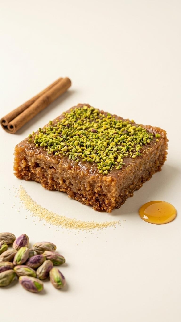 Pistachio basbousa with honey and cinnamon