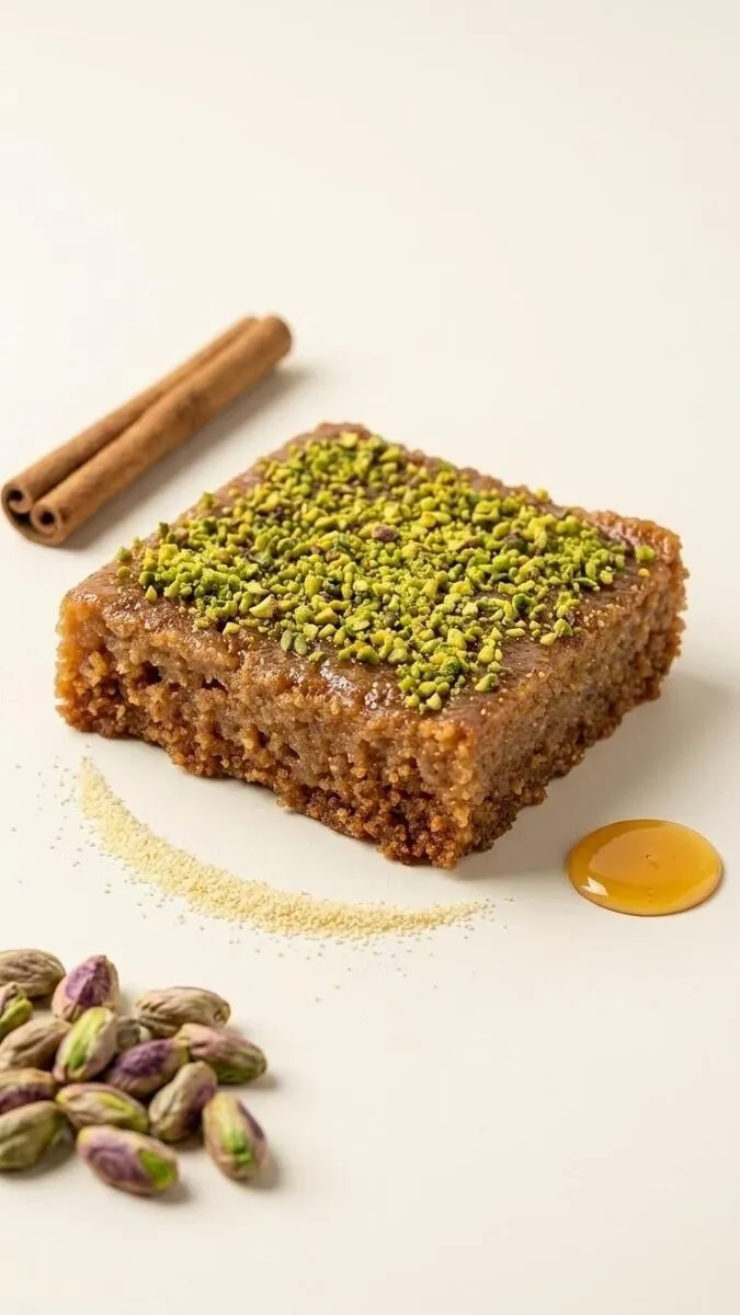 Pistachio basbousa with honey and cinnamon