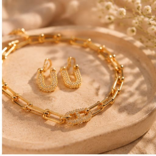 Queena Jewelry paperclip chain with diamond earrings